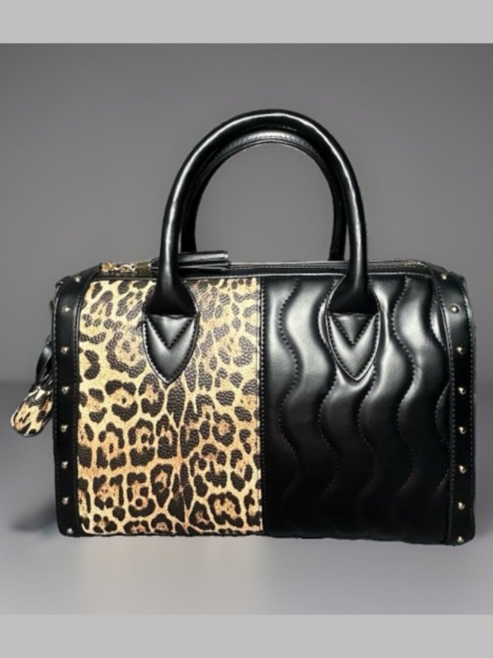 Versona Leopard Print Black Tan Satchel Top Handle Handbag Tassel Charm Gold